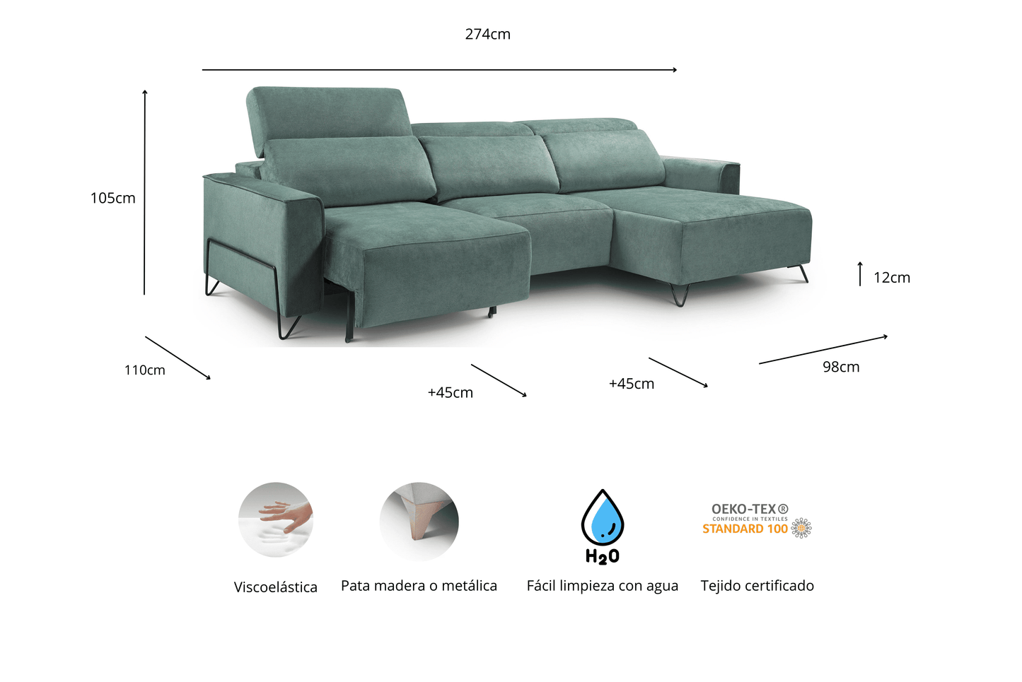 Vita - Sofá deslizante 4 plazas con chaiselongue derecho